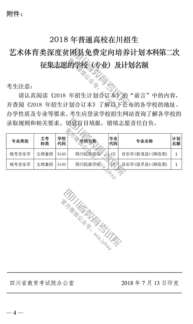 2018四川藝體類深度貧困縣免費定向計劃本科二次征集